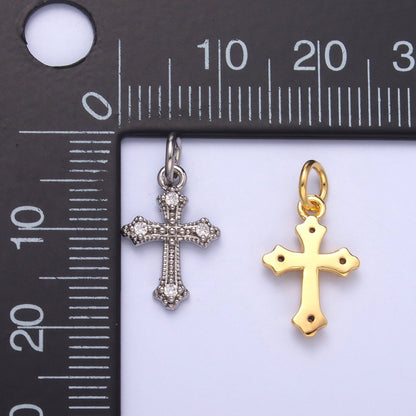 24K Gold Filled Clear CZ Dotted Passion Cross Charm in Gold &amp; Silver | N071
