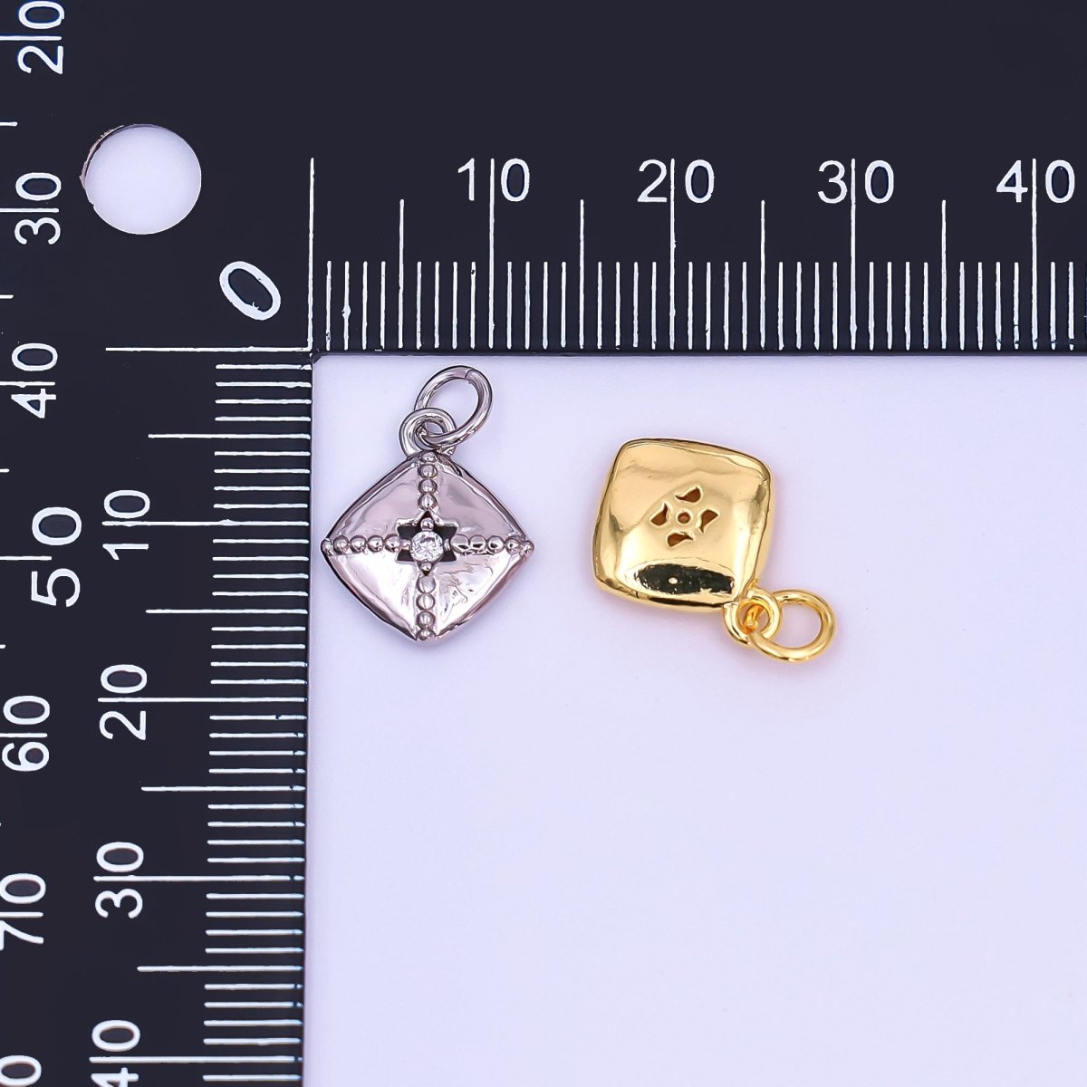 24K Gold Filled Clear CZ Dotted Rhombus Charm in Gold &amp; Silver | AF427