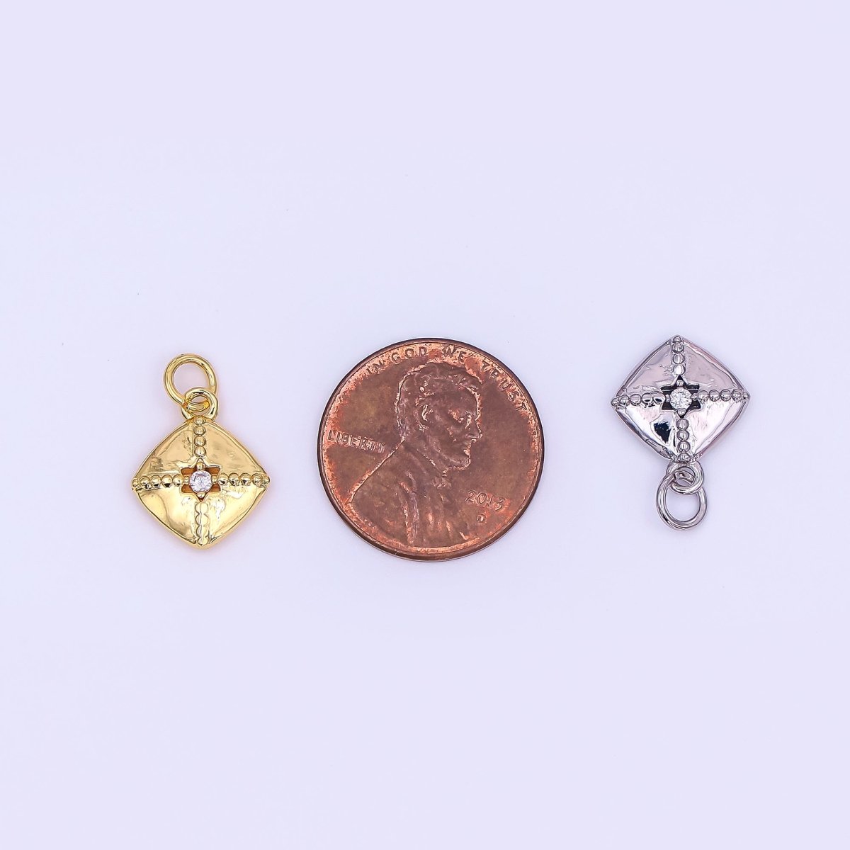 24K Gold Filled Clear CZ Dotted Rhombus Charm in Gold &amp; Silver | AF427