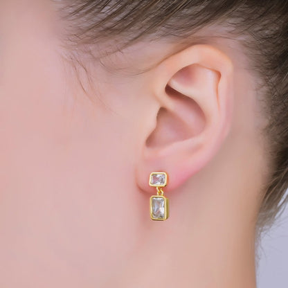 24K Gold Filled Clear CZ Double Square Baguette Drop Stud Earrings | AB1589