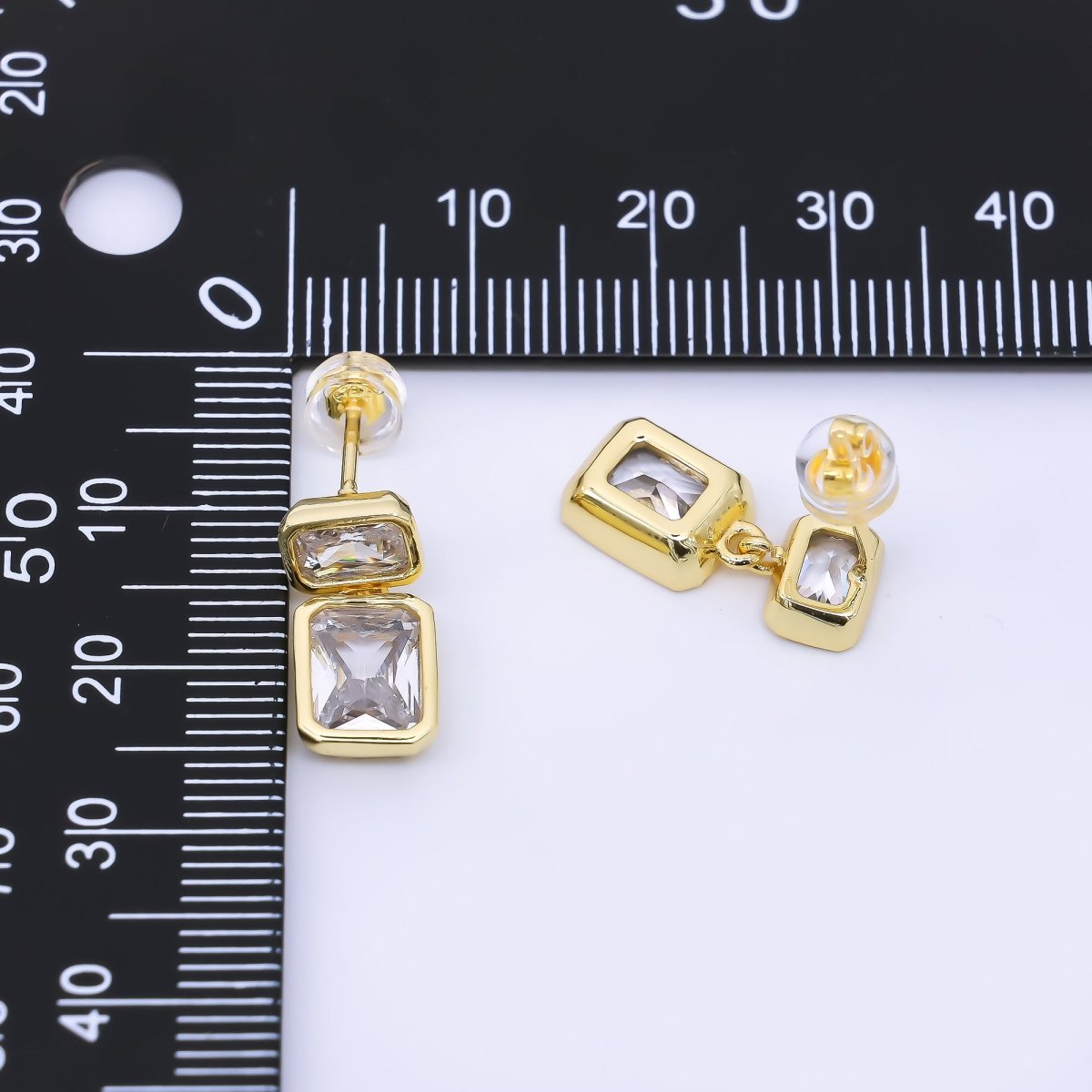 24K Gold Filled Clear CZ Double Square Baguette Drop Stud Earrings | AB1589
