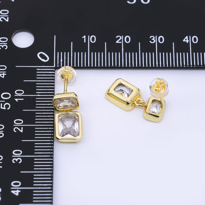 24K Gold Filled Clear CZ Double Square Baguette Drop Stud Earrings | AB1589