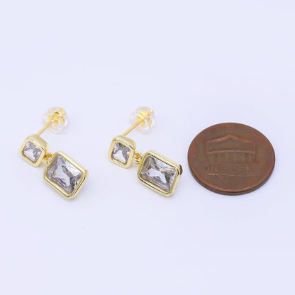 24K Gold Filled Clear CZ Double Square Baguette Drop Stud Earrings | AB1589