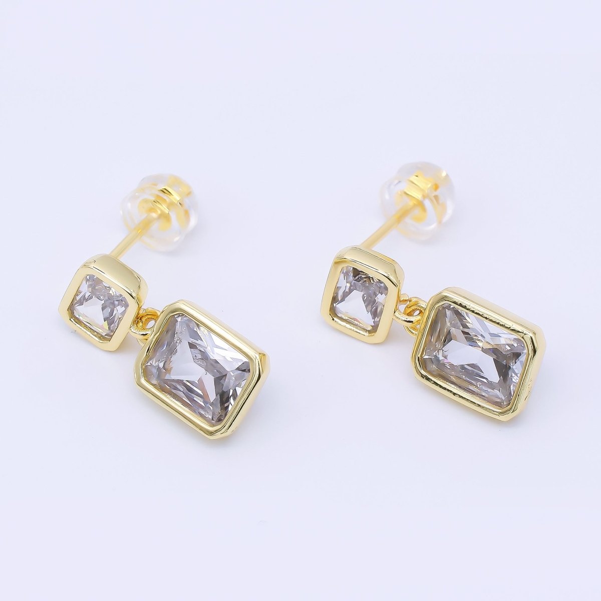 24K Gold Filled Clear CZ Double Square Baguette Drop Stud Earrings | AB1589