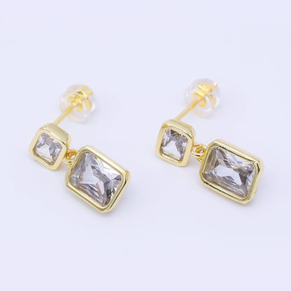 24K Gold Filled Clear CZ Double Square Baguette Drop Stud Earrings | AB1589