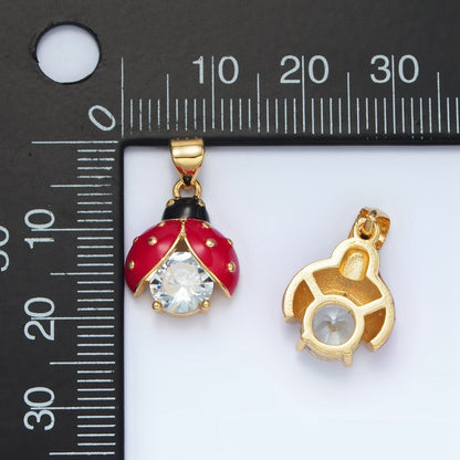 24K Gold Filled Clear CZ Enamel Lucky Ladybug Insect Pendant | I185