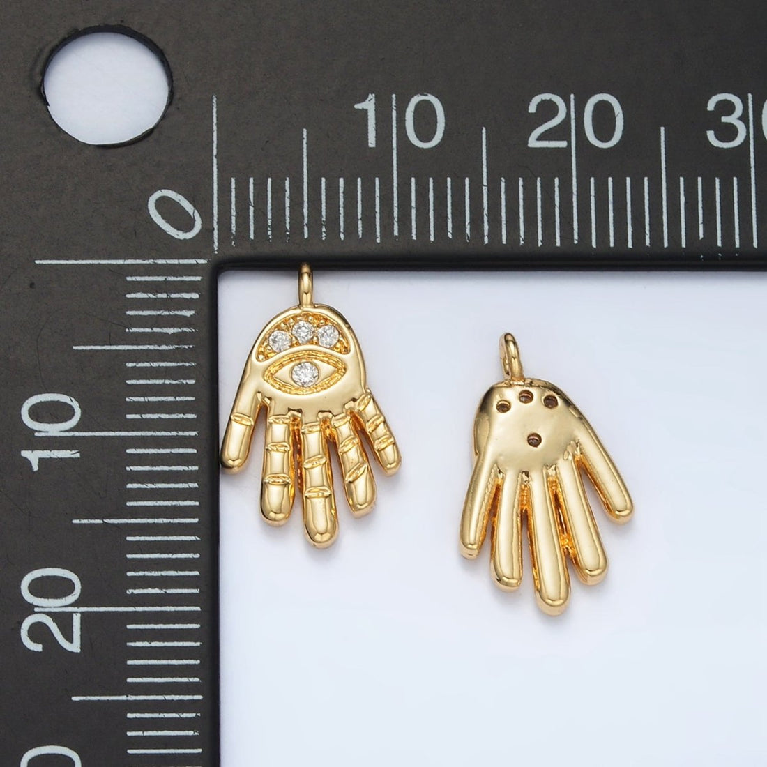 24K Gold Filled Clear CZ Evil Eye Hamsa Hand Religious Charm | M808