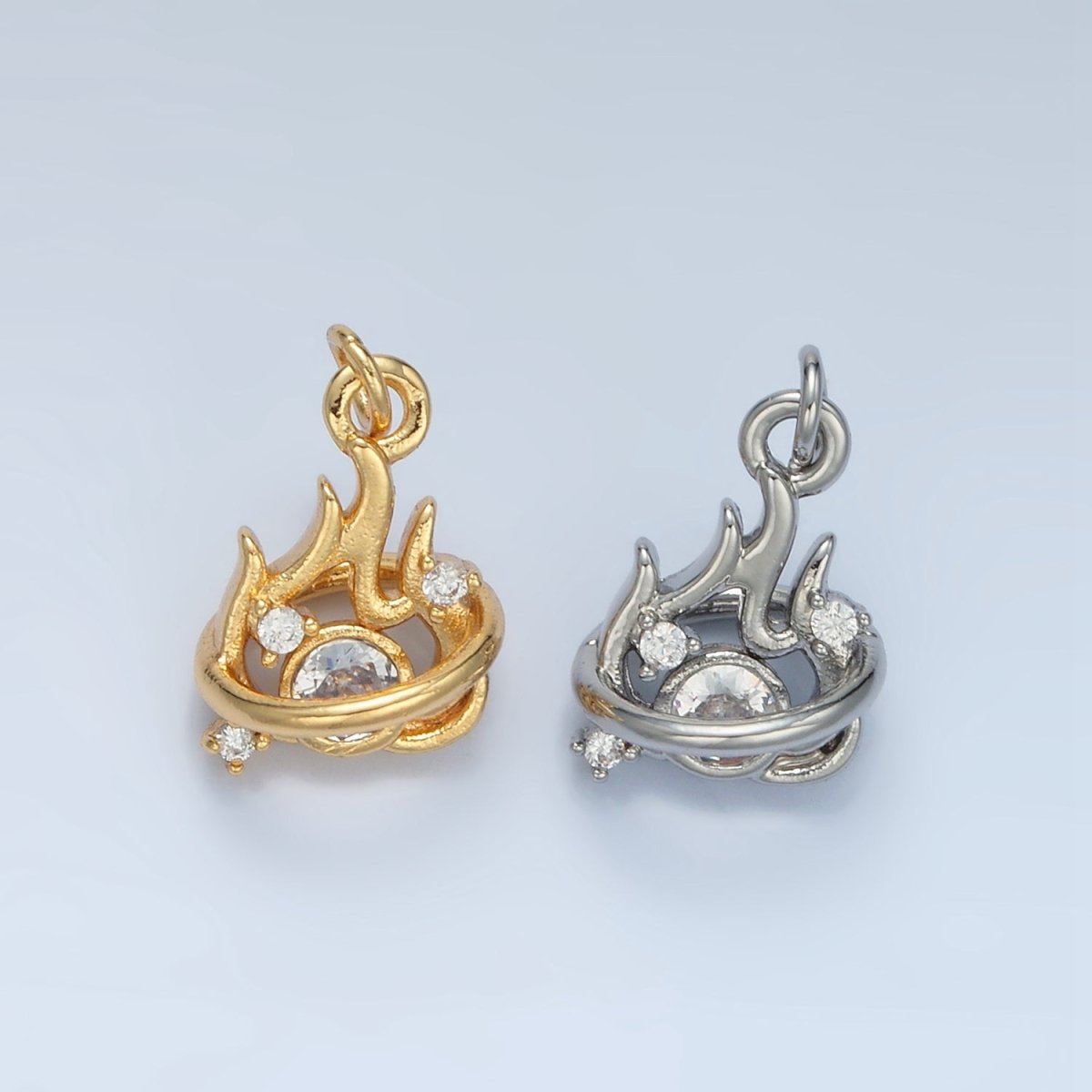24K Gold Filled 13mm Clear CZ Fire Flame Mini Charm in Gold &amp; Silver | E379