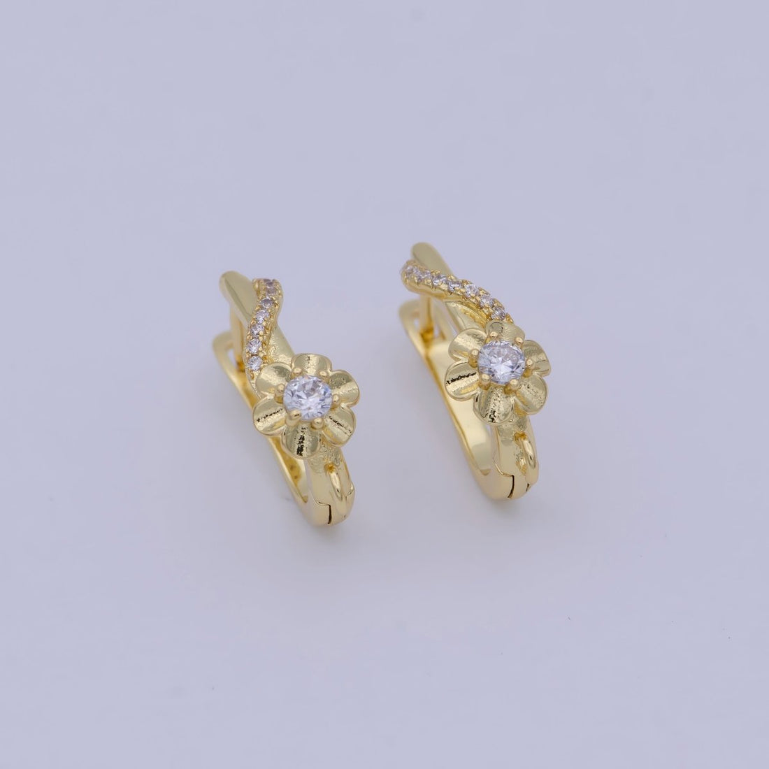 24K Gold Filled Clear CZ Flower Lined Open Loop English Lock Drop Earrings Findings | Z820