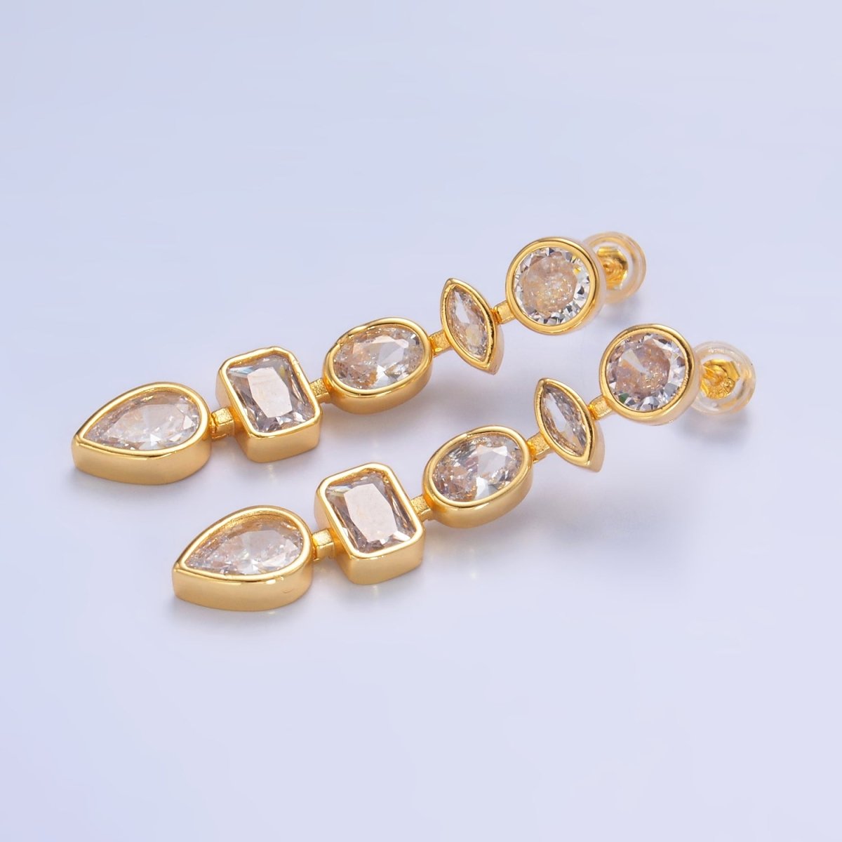 24K Gold Filled Clear CZ Geometric Drop Stud Earrings | AI496