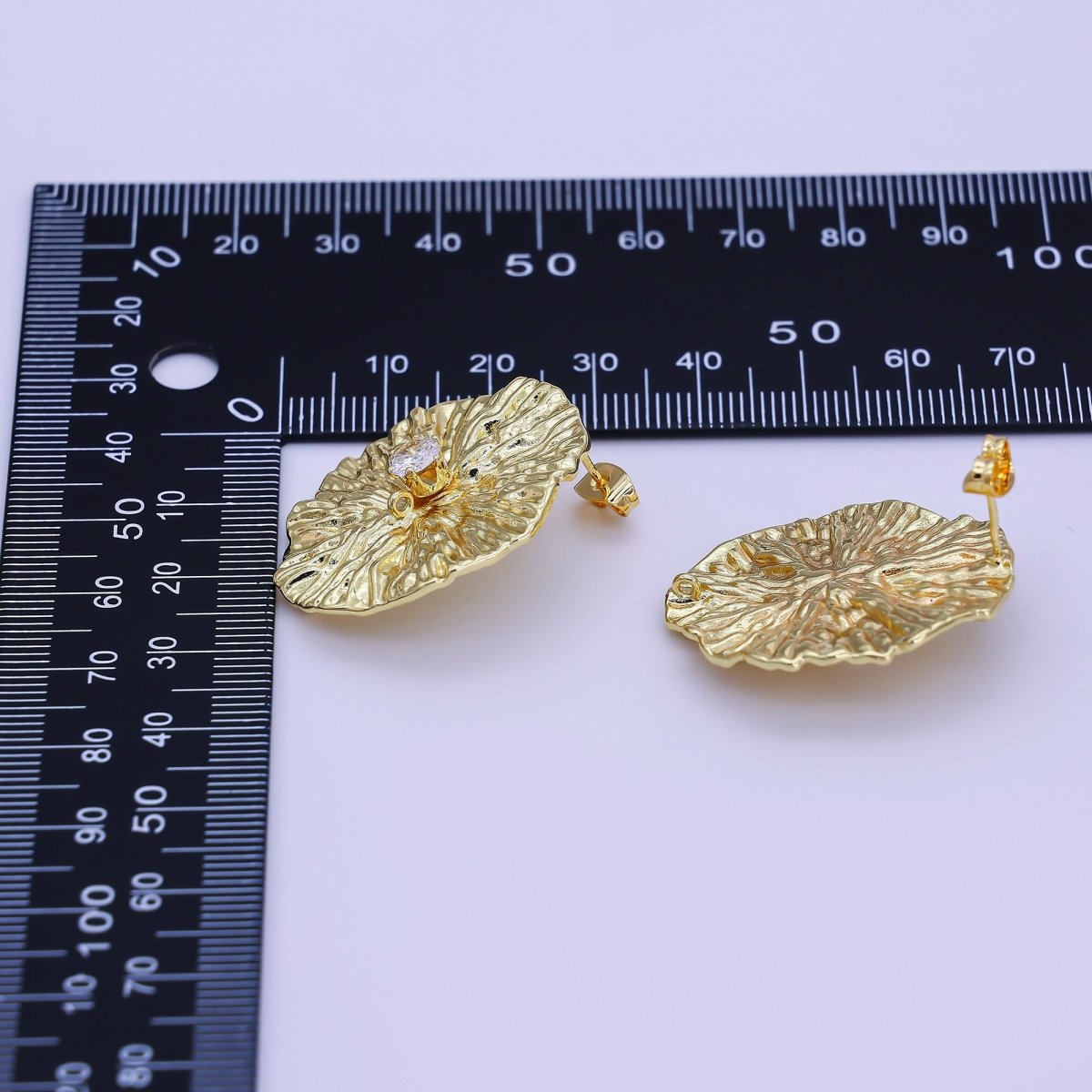 24K Gold Filled Clear CZ Hammered Oval Drop Stud Earring Findings | Z1269