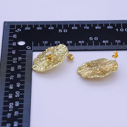 24K Gold Filled Clear CZ Hammered Oval Drop Stud Earring Findings | Z1269