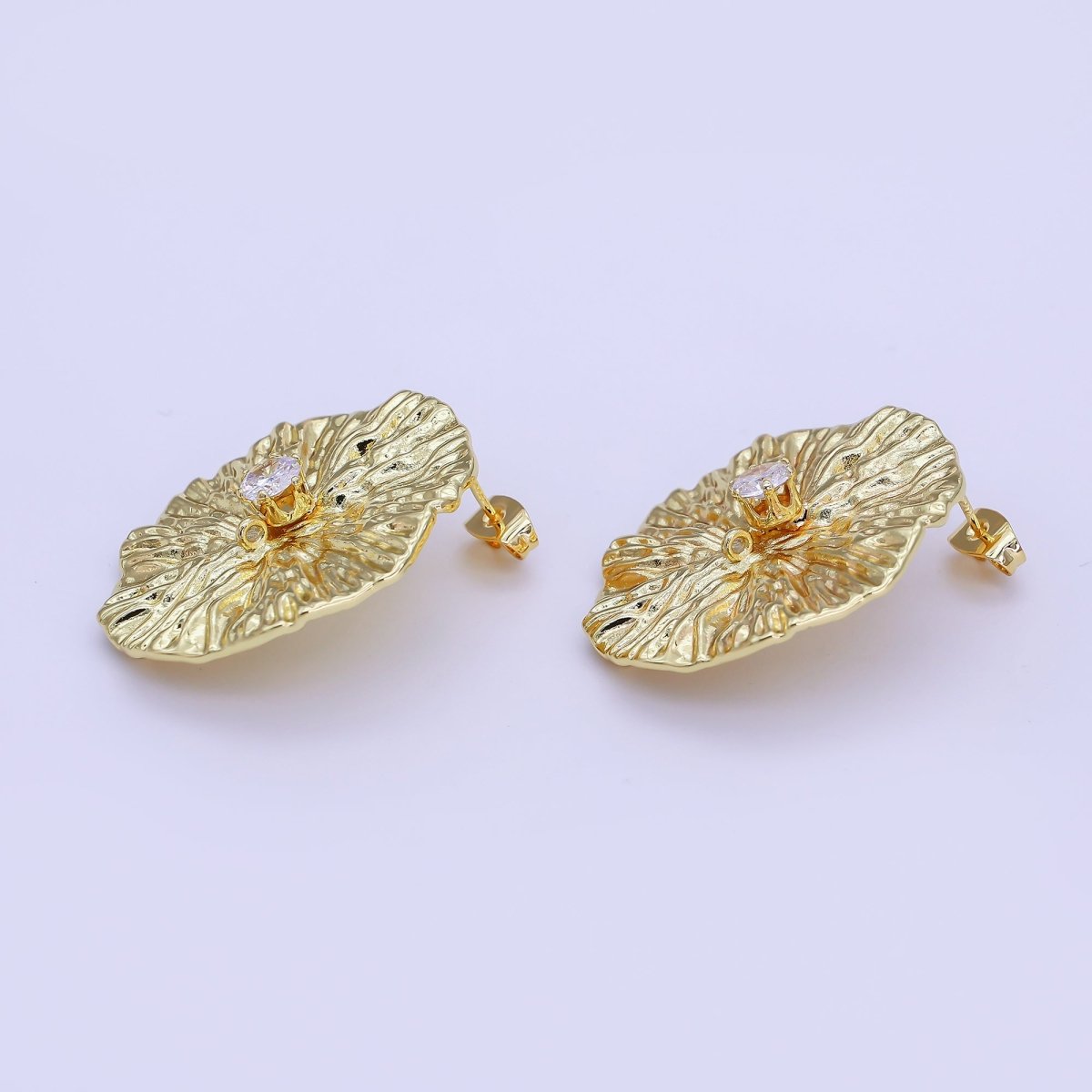 24K Gold Filled Clear CZ Hammered Oval Drop Stud Earring Findings | Z1269