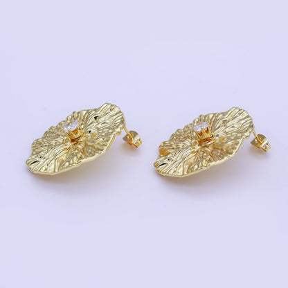 24K Gold Filled Clear CZ Hammered Oval Drop Stud Earring Findings | Z1269