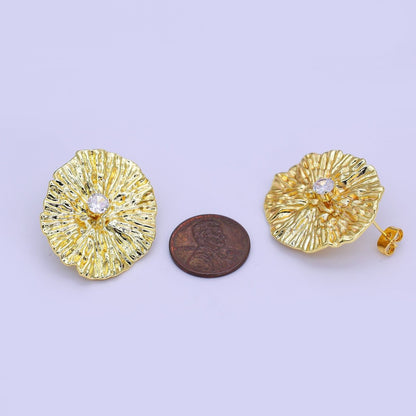 24K Gold Filled Clear CZ Hammered Oval Drop Stud Earring Findings | Z1269