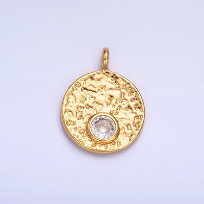 24K Gold Filled Clear CZ Hammered Round Pendant | W438