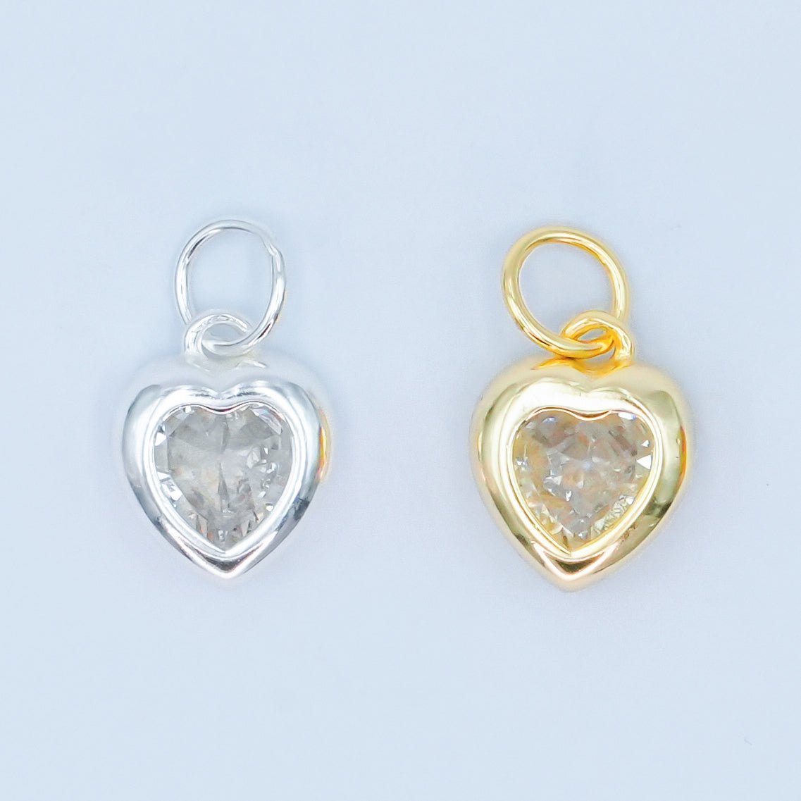 S925 Sterling Silver 9mm Clear CZ Heart Bezel Charm in Gold &amp; Silver | SL-638