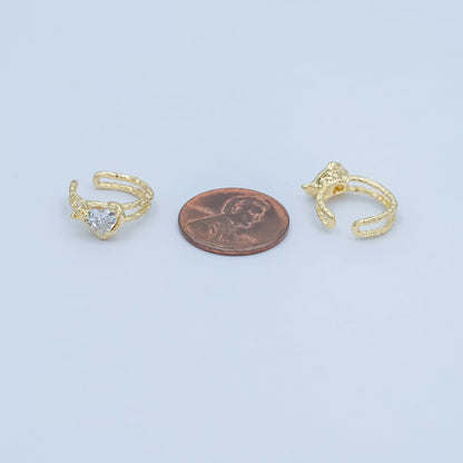 24K Gold Filled Clear CZ Heart Molten Hammered Ear Cuff Earrings | AI052