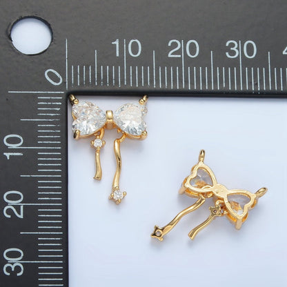 24K Gold Filled Clear CZ Heart Ribbon Bow Connector | F129