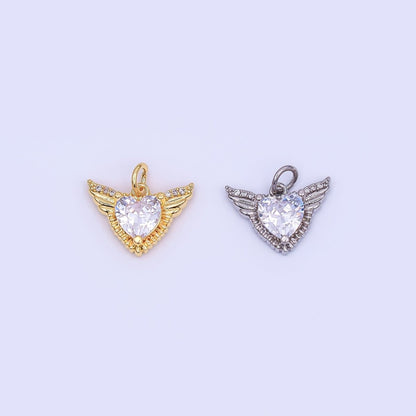 24K Gold Filled 12mm Clear CZ Heart Wings Mini Charm in Gold &amp; Silver | AF435