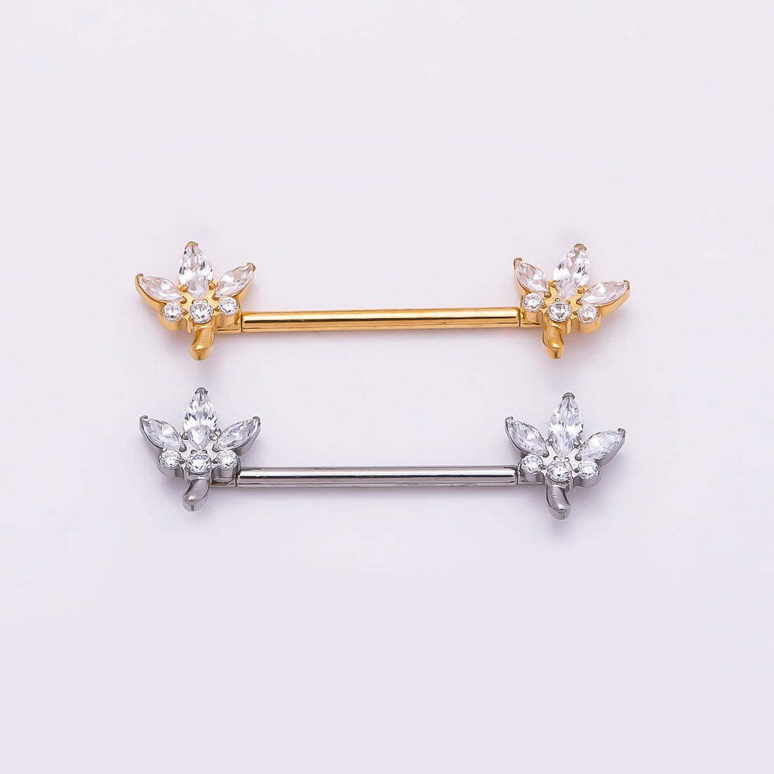 24K Gold Filled Clear CZ Marquise Flower Nipple Barbell Piercing Body Jewelry in Gold &amp; Silver | BJ-00077 BJ-00078