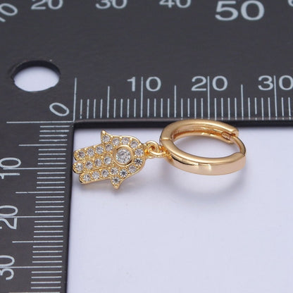 24K Gold Filled Clear CZ Micro Pave Hamsa Hand Charm Dangle Drop Huggie Earrings P-308