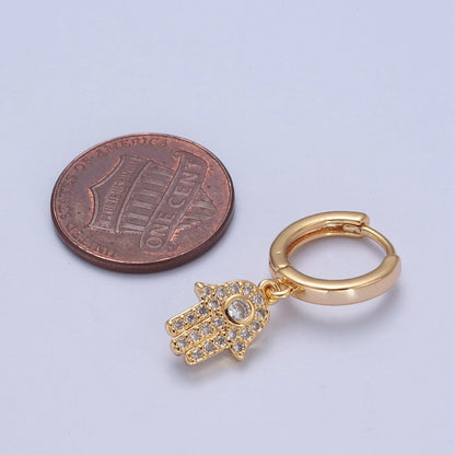 24K Gold Filled Clear CZ Micro Pave Hamsa Hand Charm Dangle Drop Huggie Earrings P-308
