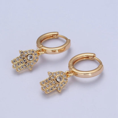 24K Gold Filled Clear CZ Micro Pave Hamsa Hand Charm Dangle Drop Huggie Earrings P-308