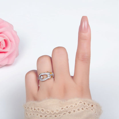 24K Gold Filled Clear CZ Micro  Paved Buckle Mixed Metal Ring | O1410