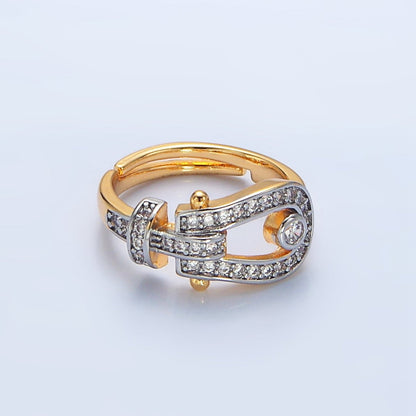 24K Gold Filled Clear CZ Micro  Paved Buckle Mixed Metal Ring | O1410