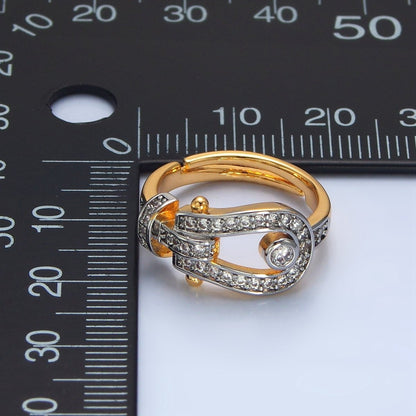 24K Gold Filled Clear CZ Micro  Paved Buckle Mixed Metal Ring | O1410