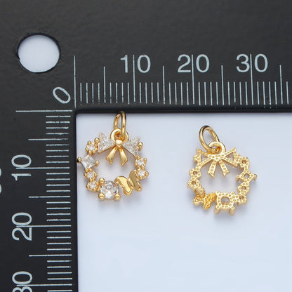 24k Gold Filled Clear CZ Micro Paved Butterfly Ribbon Bow Round Circle Charm  | X456