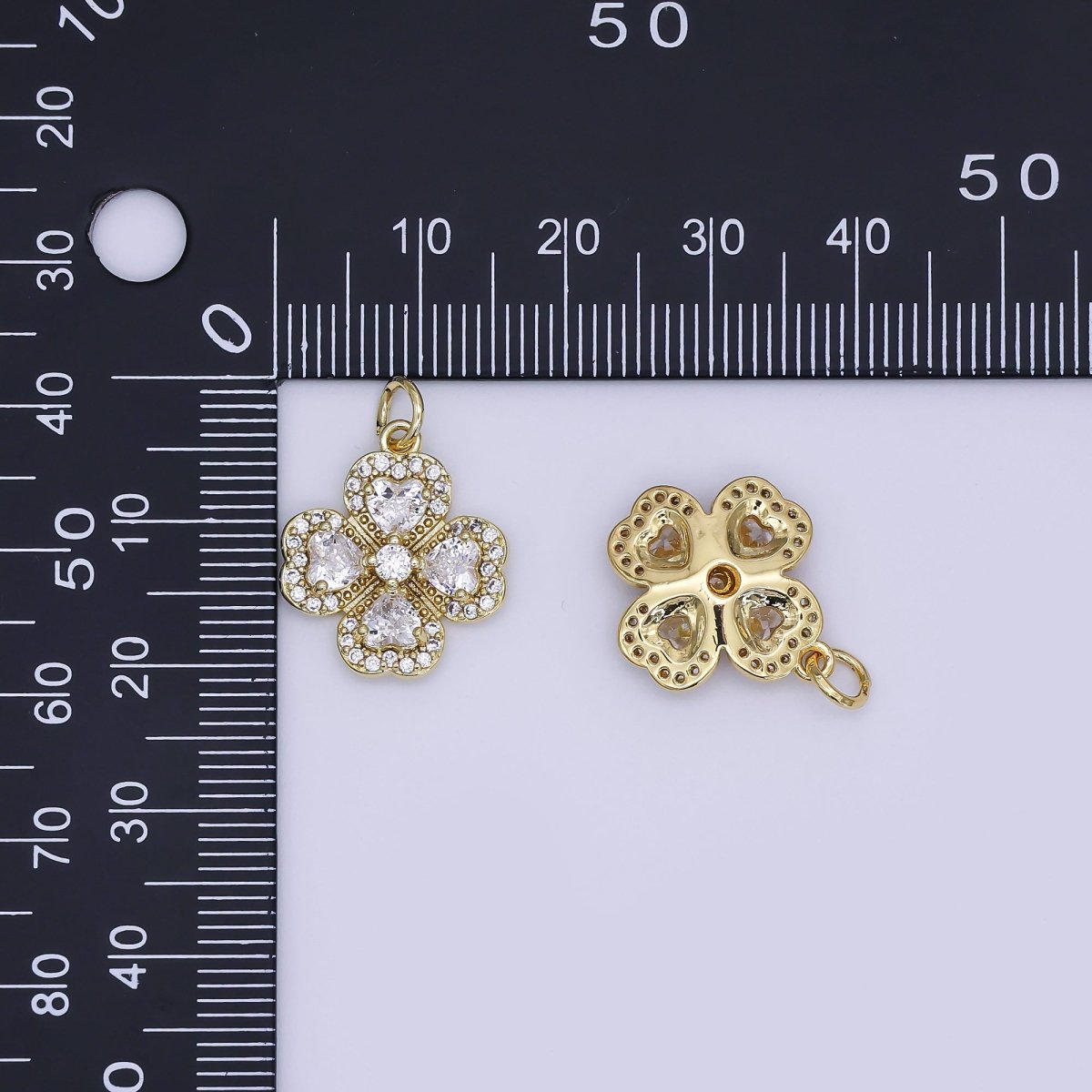 24K Gold Filled Clear CZ Micro Paved Clover Flower Charm | AJ323