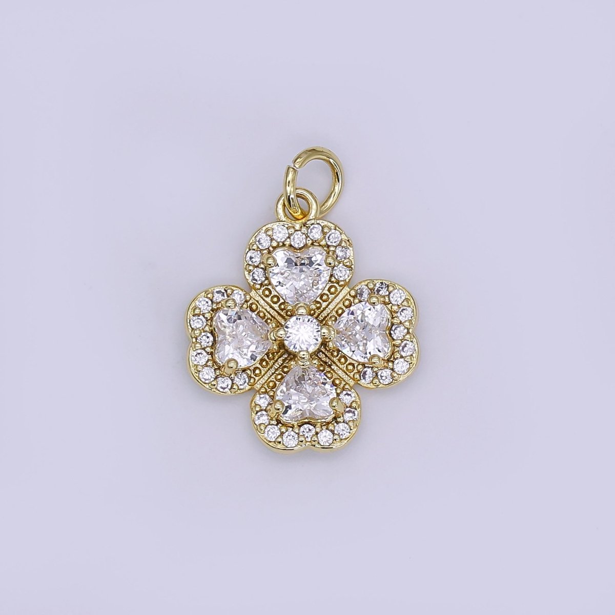24K Gold Filled Clear CZ Micro Paved Clover Flower Charm | AJ323