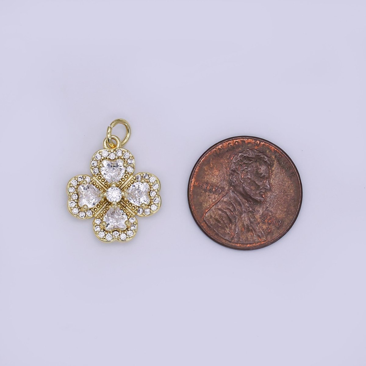 24K Gold Filled Clear CZ Micro Paved Clover Flower Charm | AJ323