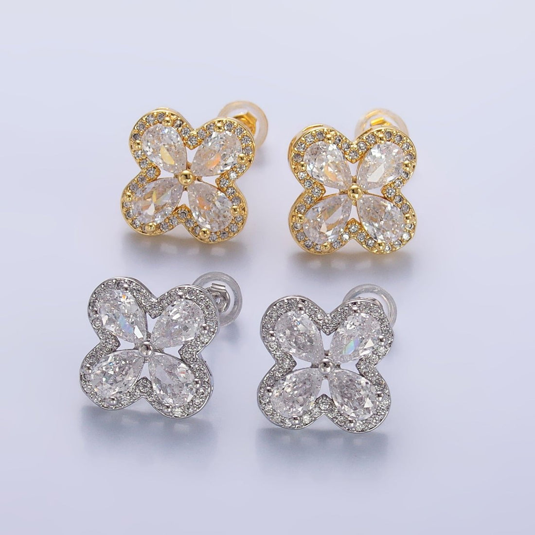 24K Gold Filled Clear CZ Micro Paved CZ Quatrefoil Stud Earrings in Gold &amp; Silver | AB688 AB689
