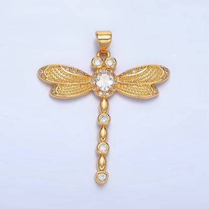 24K Gold Filled Clear CZ Micro Paved Dotted Dragonfly Insect Pendant | AA949
