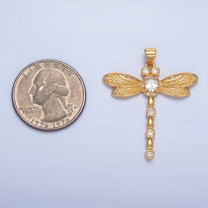 24K Gold Filled Clear CZ Micro Paved Dotted Dragonfly Insect Pendant | AA949