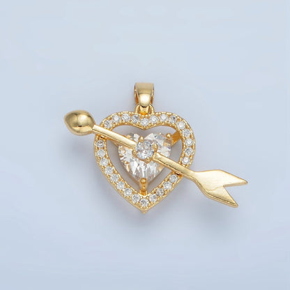 24K Gold Filled Clear CZ Micro Paved Open Heart Arrow Cupid Pendant | AA870