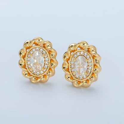 24K Gold Filled Clear CZ Micro Paved Oval Twisted Bezel Stud Earrings | AD740