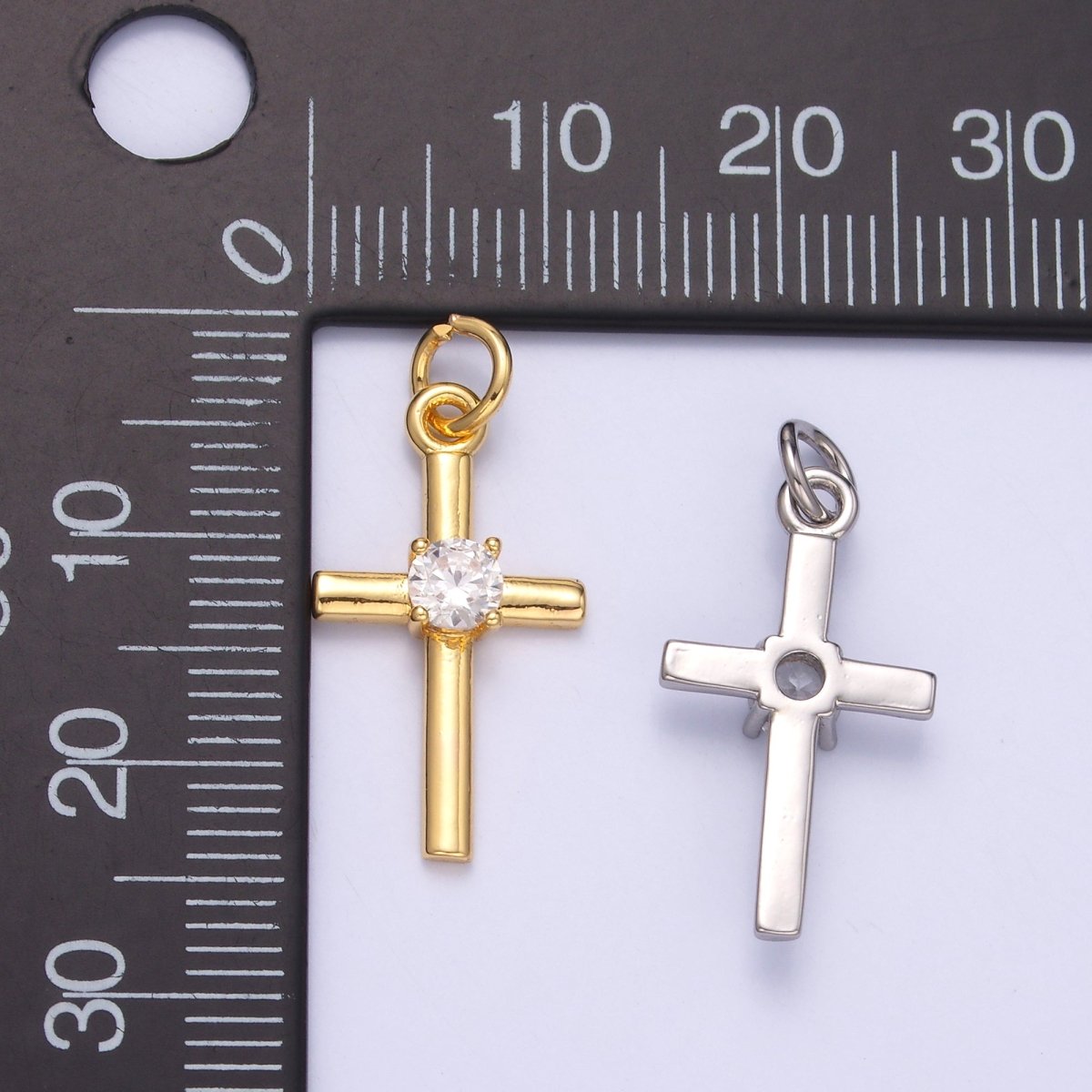 24K Gold Filled Clear CZ Minimalist Cross Charm in Gold &amp; Silver | C056