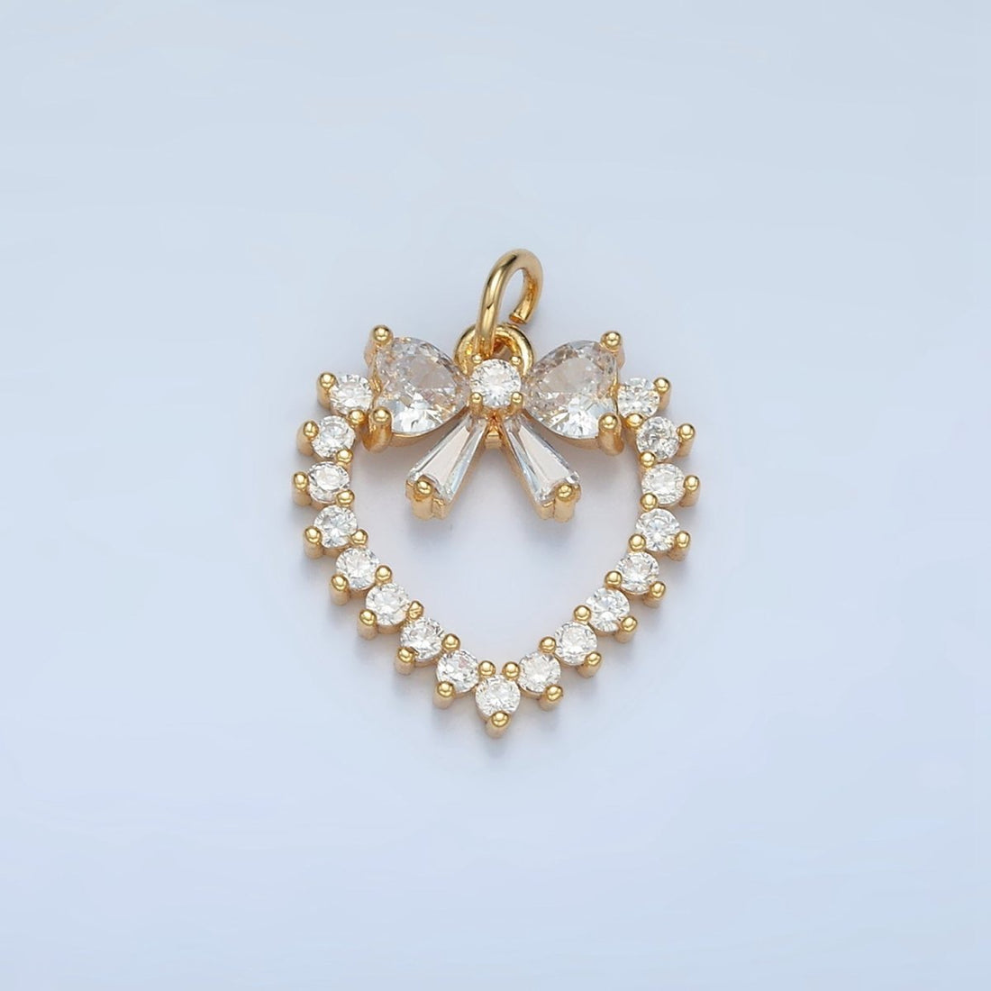 24K Gold Filled Clear CZ Open Heart Ribbon Bow Charm | E733