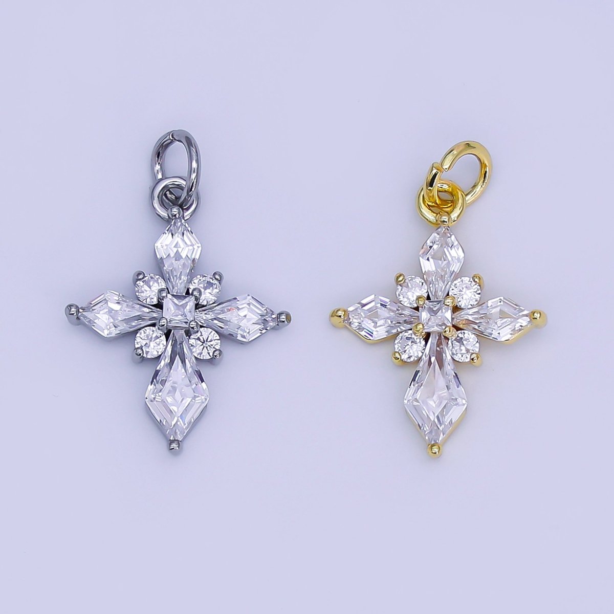 24K Gold Filled Clear CZ Passion Cross Religious Charm in Gold &amp; Silver | X301 C444