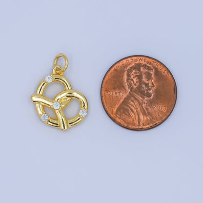 24K Gold Filled Clear CZ Pastry Pretzel 3D Multidimensional Charm | C003