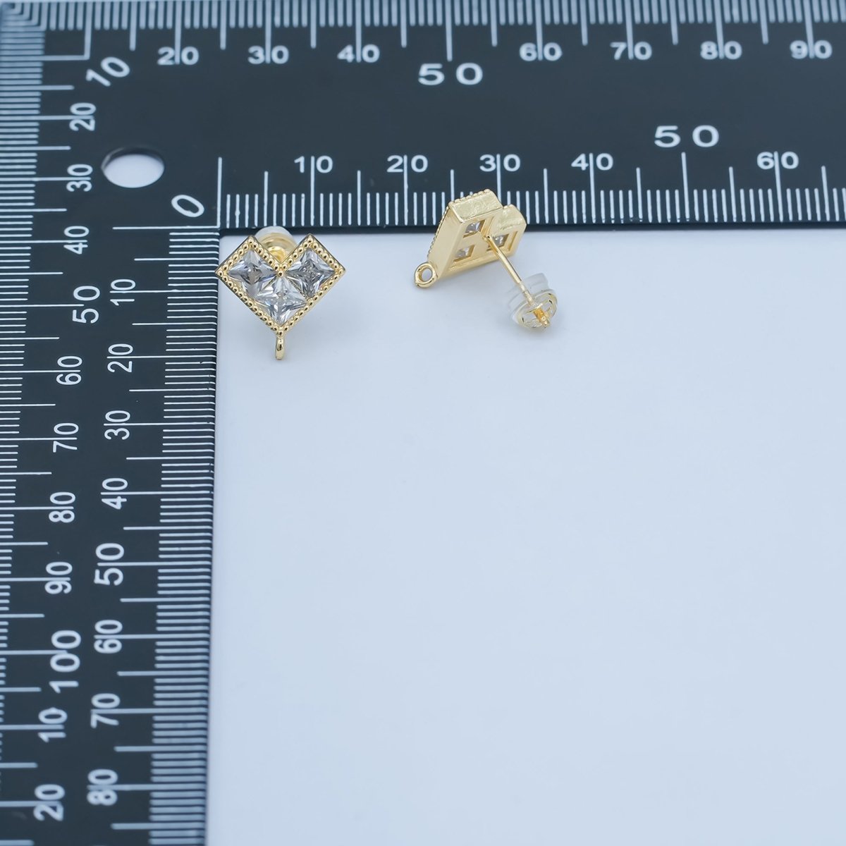 24K Gold Filled Clear CZ Pixelated Heart Drop Stud Earrings Findings | Z1115