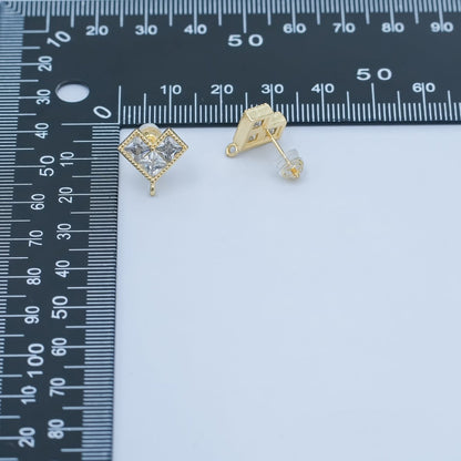 24K Gold Filled Clear CZ Pixelated Heart Drop Stud Earrings Findings | Z1115