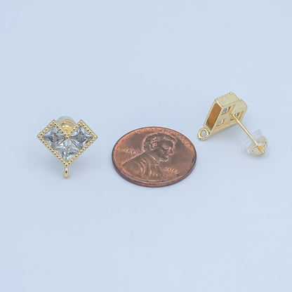 24K Gold Filled Clear CZ Pixelated Heart Drop Stud Earrings Findings | Z1115