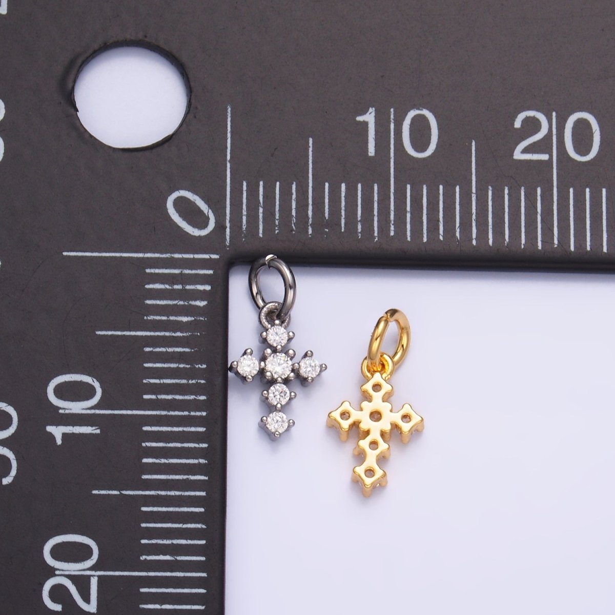 24K Gold Filled 9mm Clear CZ Religious Cross Mini Charm in Gold &amp; Silver | W880