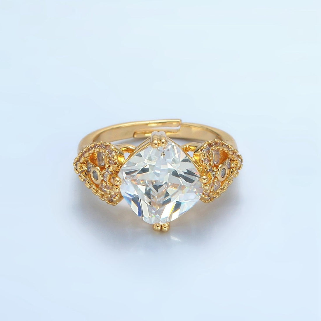 24K Gold Filled Clear CZ Rhombus Micro Paved CZ Artisan Heart Solitaire Ring | U338