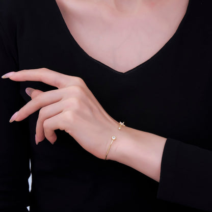 24K Gold Filled Clear CZ Round Flower Drop Cuff Bracelet | WA-03322